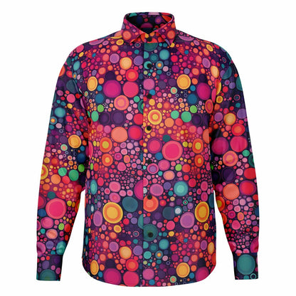 Psychedelic Long Sleeve Men Button Up Shirt, Funky Red Colorful Fun Retro Vibrant Dot Art Guys Male Print Buttoned Down Collared Casual Dress Plus Size