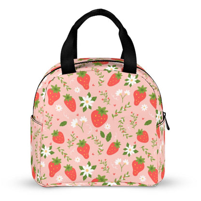 Strawberry Insulated Lunch Box Bag Tote, Pink Summer Fruit Floral Flowers Cute Food Container Adult Kids Women Teens Men School Work Handbag - Starcove Fashion