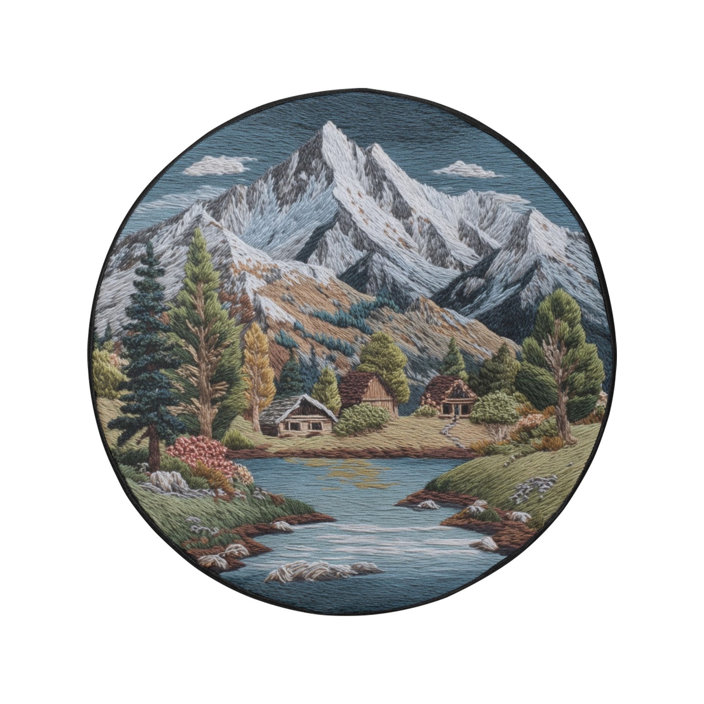 Mountains Spare Tire Wheel Cover, River Trees Faux Embroidery Back Up Camera Hole Design Backup Rear RV Car Camper Truck Trailer Motorhome