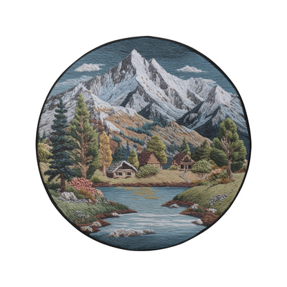 Mountains Spare Tire Wheel Cover, River Trees Faux Embroidery Back Up Camera Hole Design Backup Rear RV Car Camper Truck Trailer Motorhome