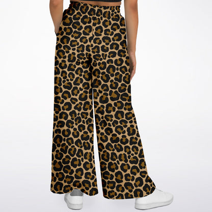 Leopard Wide Leg Jogging Pants, Brown Animal Print Cheetah Flare Sweatpants Pockets Women Flared Sweats Cotton Fleece Ladies Joggers