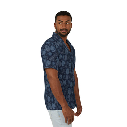Navy Blue Men Luxury Hawaiian Camp Shirt, Palm Tree Leaf Print Linen Look Summer Hawaii Aloha Tropical Beach Button Up Resort Shirt - Starcove Fashion