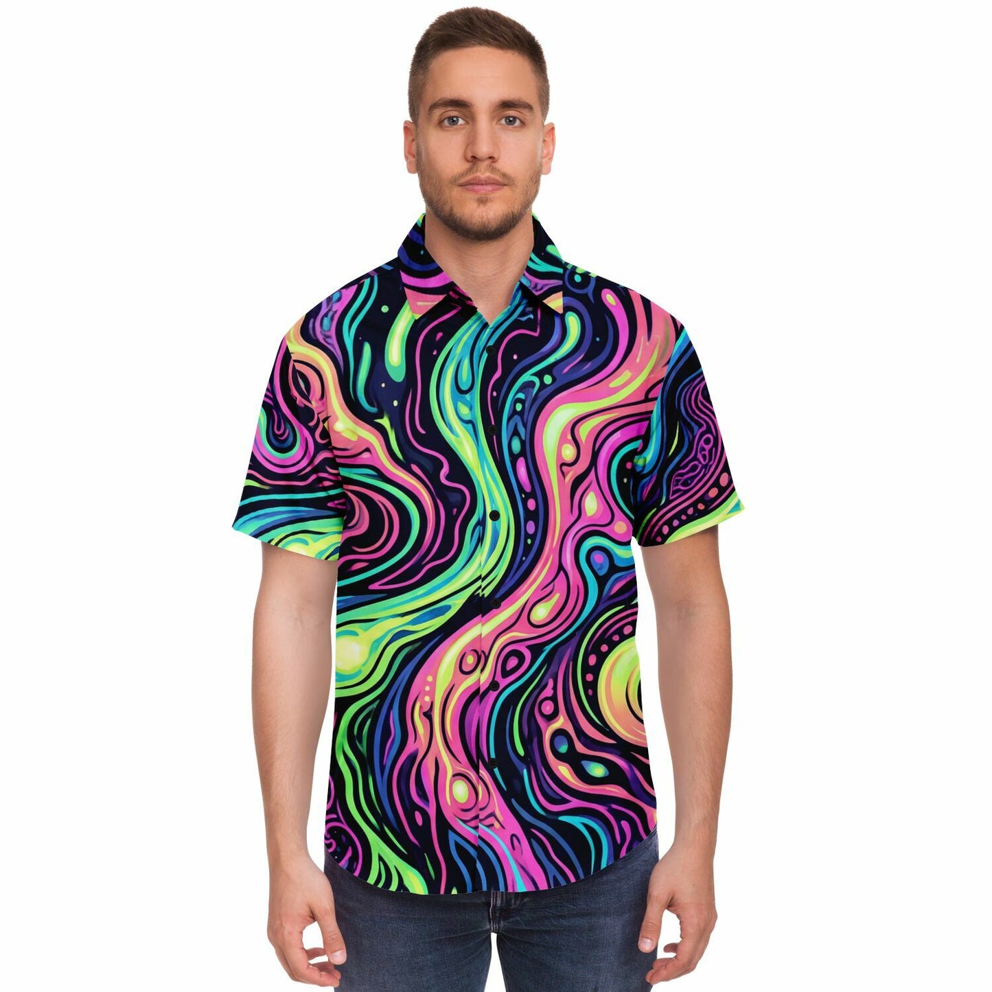 Psychedelic Men Button Up Shirt, Vibrant Trippy Funky Festival Short Sleeve Print Casual Buttoned Down Summer Male Guys Collared Designer - Starcove Fashion
