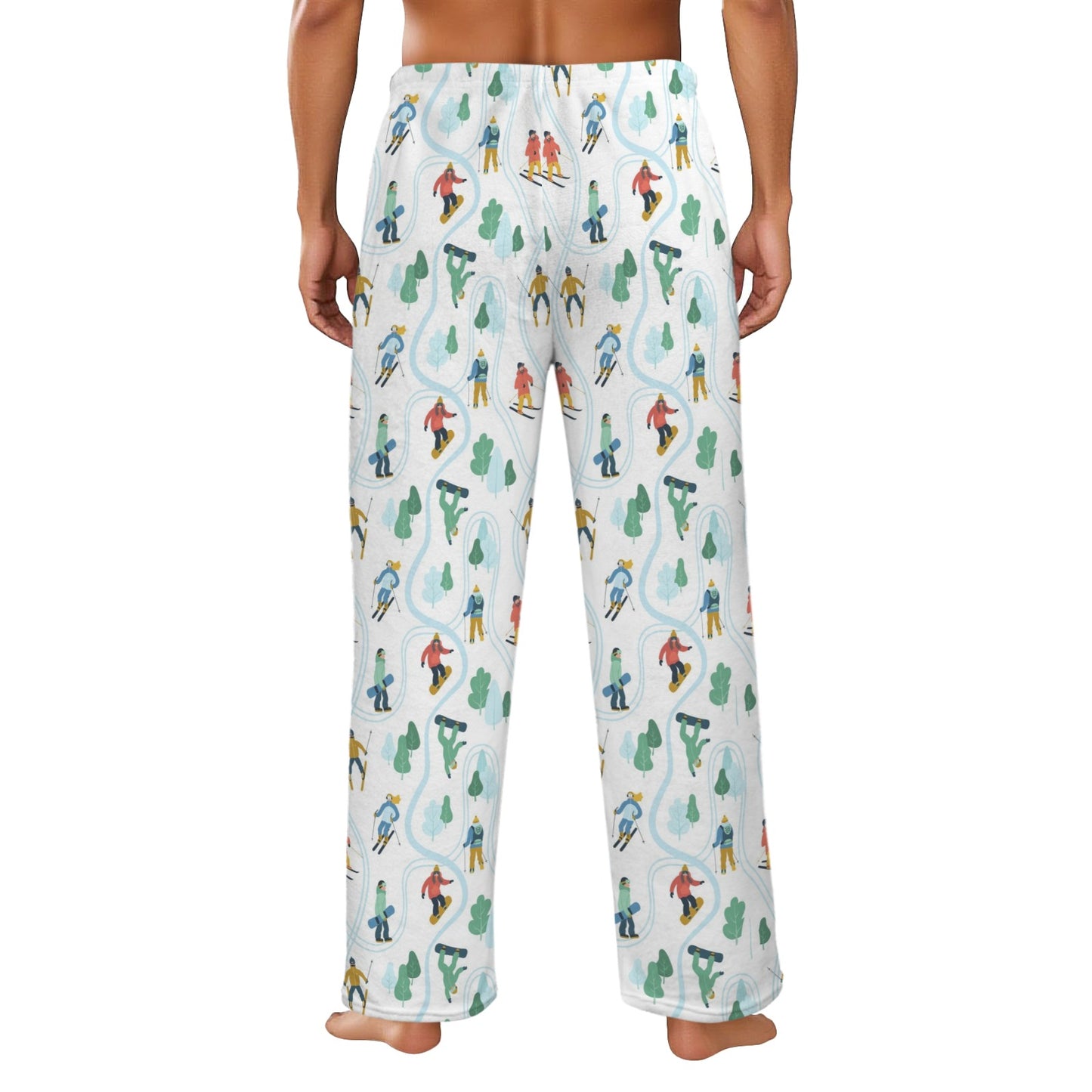 Ski Men Flannel Pajamas Pants, Skiing Snowboard Winter Sports Snow PJ Sleep Trousers Sleepwear Guys Male Adult Long Lounge Trousers Bottoms