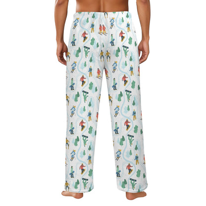 Ski Men Flannel Pajamas Pants, Skiing Snowboard Winter Sports Snow PJ Sleep Trousers Sleepwear Guys Male Adult Long Lounge Trousers Bottoms