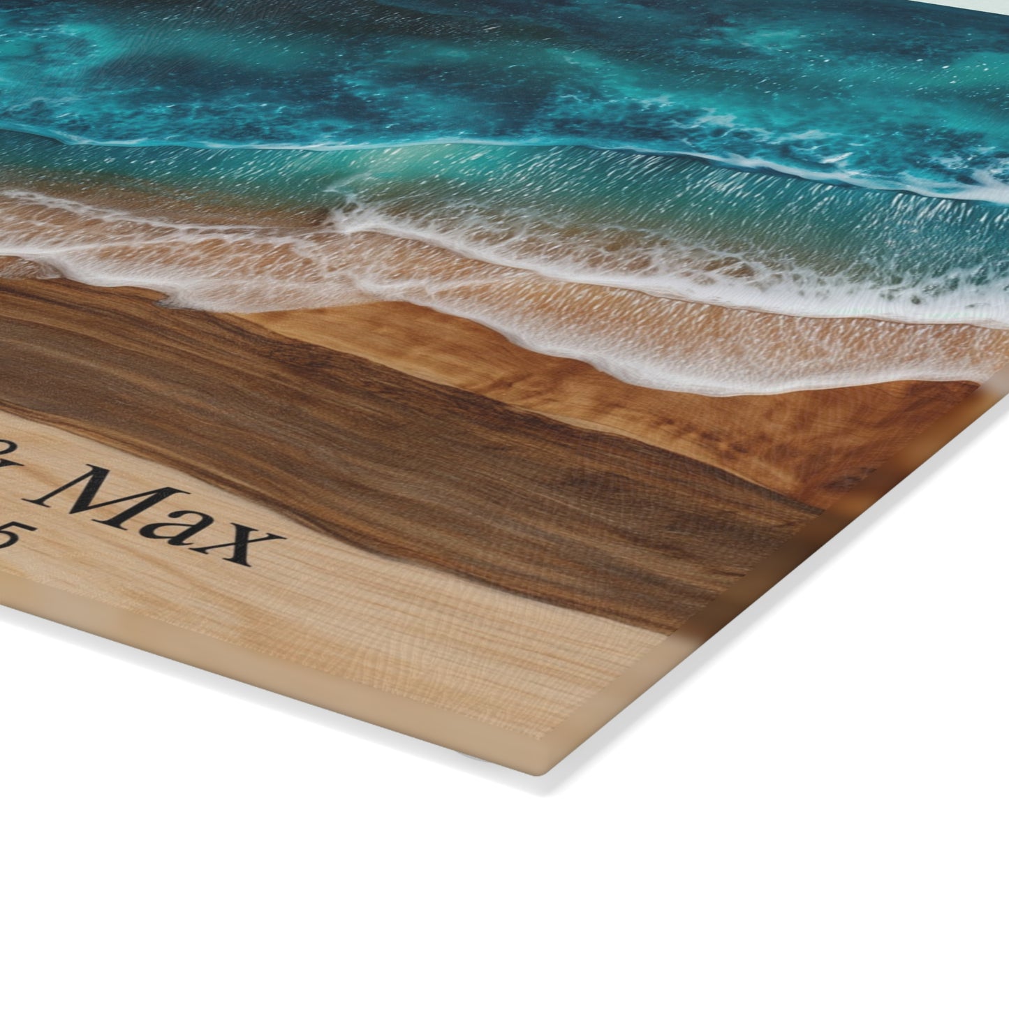 Personalized Glass Cutting Board, Custom Anniversary Coastal Wood Epoxy Charcuterie Chopping Tempered Small Large Kitchen Ocean Couples