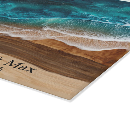 Personalized Glass Cutting Board, Custom Anniversary Coastal Wood Epoxy Charcuterie Chopping Tempered Small Large Kitchen Ocean Couples