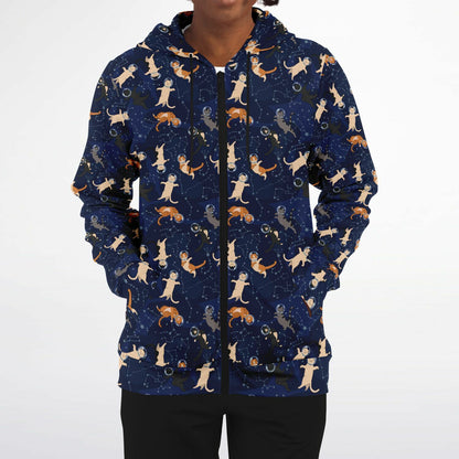 Cats in Space Zip Up Hoodie, Kittens Full Zipper Pocket Men Women Unisex Adult Aesthetic Graphic Cotton Fleece Hooded Sweatshirt - Starcove Fashion