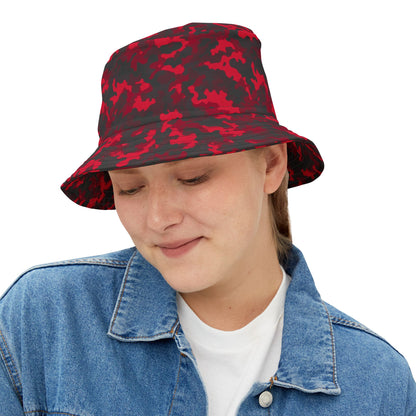 Red Camo Bucket Cap Hat, Black Camouflage Beach Women Men Kids Golf Summer Festival Cute Designer Sun Shade Ladies Small Large Guys