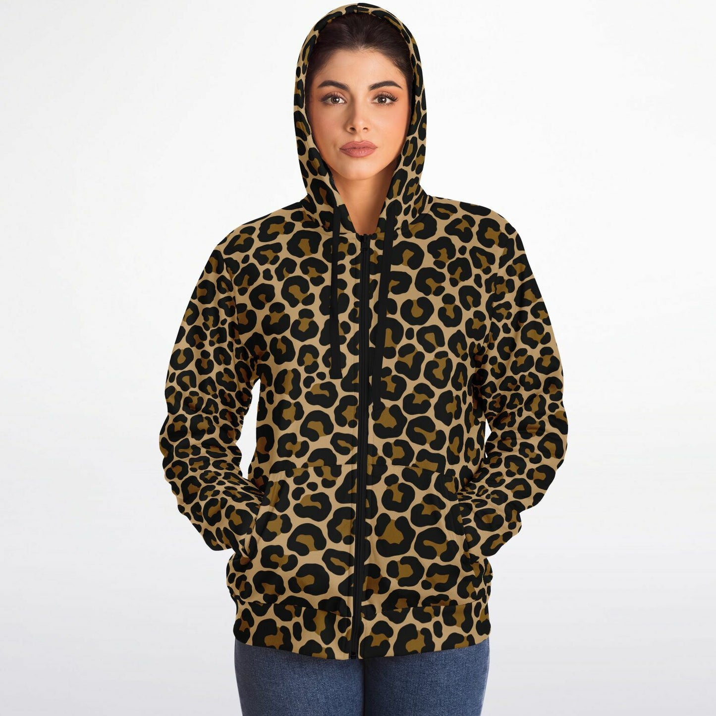 Leopard Zip Up Fleece Lined Hoodie, Animal Print Brown Cheetah Full Zipper Pocket Men Women Unisex Adult Aesthetic Graphic Hooded Sweatshirt