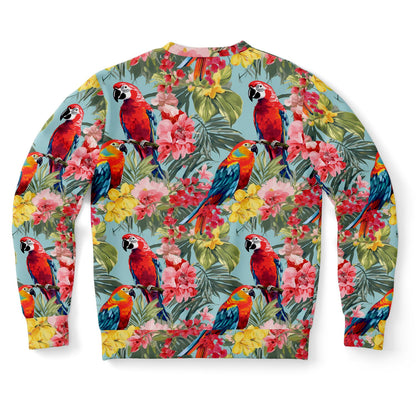 Tropical Parrot Sweatshirt, Pink Flowers Floral Animal Crewneck Fleece Cotton Sweater Jumper Pullover Men Women Adult Aesthetic Designer Starcove Fashion