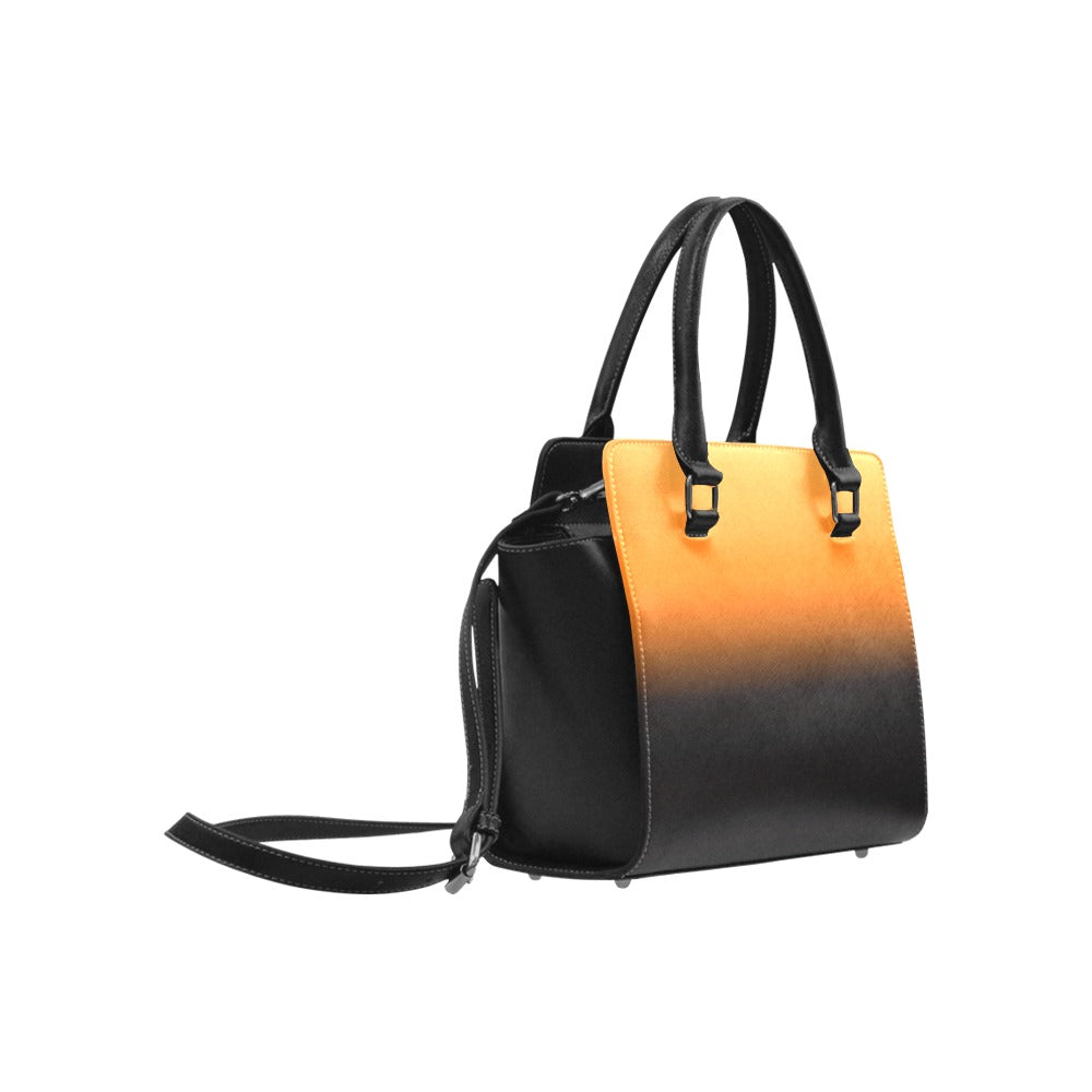Orange Black Ombre Purse Handbag, Gradient Cute Tie dye Vegan Leather Designer Women Ladies Gift Satchel Top Zip Handle Bag Shoulder Strap