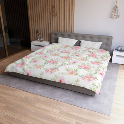 Pink Floral Duvet Cover, White Vintage Flowers Bedding Queen King Full Twin XL Microfiber Unique Designer Bed Quilt Bedroom Decor
