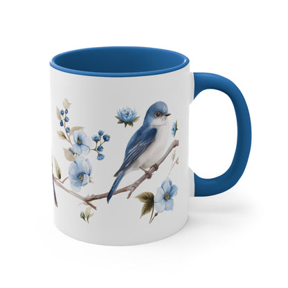 Blue Birds Coffee Mug, White Watercolor Flowers Art Ceramic Cup Tea Hot Chocolate Lover Unique Microwave Safe Novelty Cool Gift