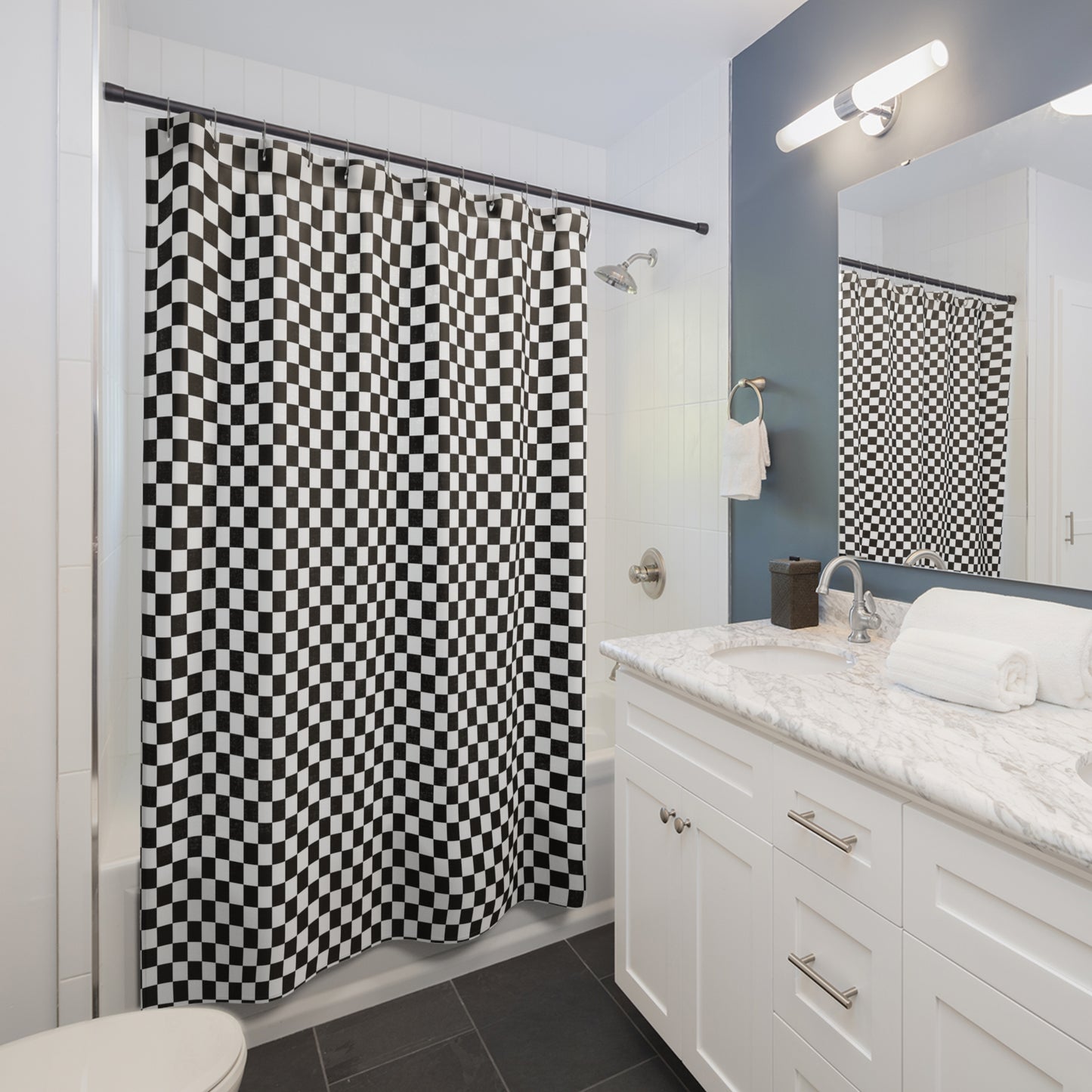 Checkered Shower Curtain, Black White Check Fabric Unique Bath Bathroom Decor Cool Unique Housewarming Home Gift 71" x 74"