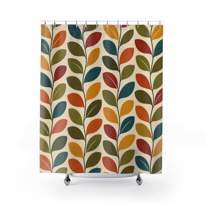 Mid Century Scandinavian Leaf Shower Curtain, Retro Nordic Botanical Teal Orange Mustard Bathroom Decor Nature Housewarming Gift 71" x 74"