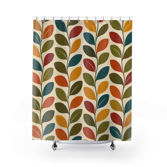 Mid Century Scandinavian Leaf Shower Curtain, Retro Nordic Botanical Teal Orange Mustard Bathroom Decor Nature Housewarming Gift 71" x 74"