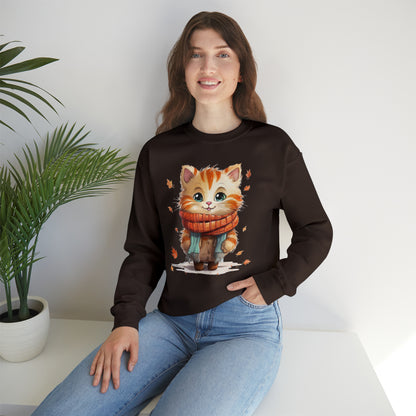 Cat Scarf Sweatshirt, Kitten Fall Autumn Leaves Graphic Crewneck Fleece Cotton Sweater Jumper Pullover Men Women Adult Aesthetic Top Starcove Fashion