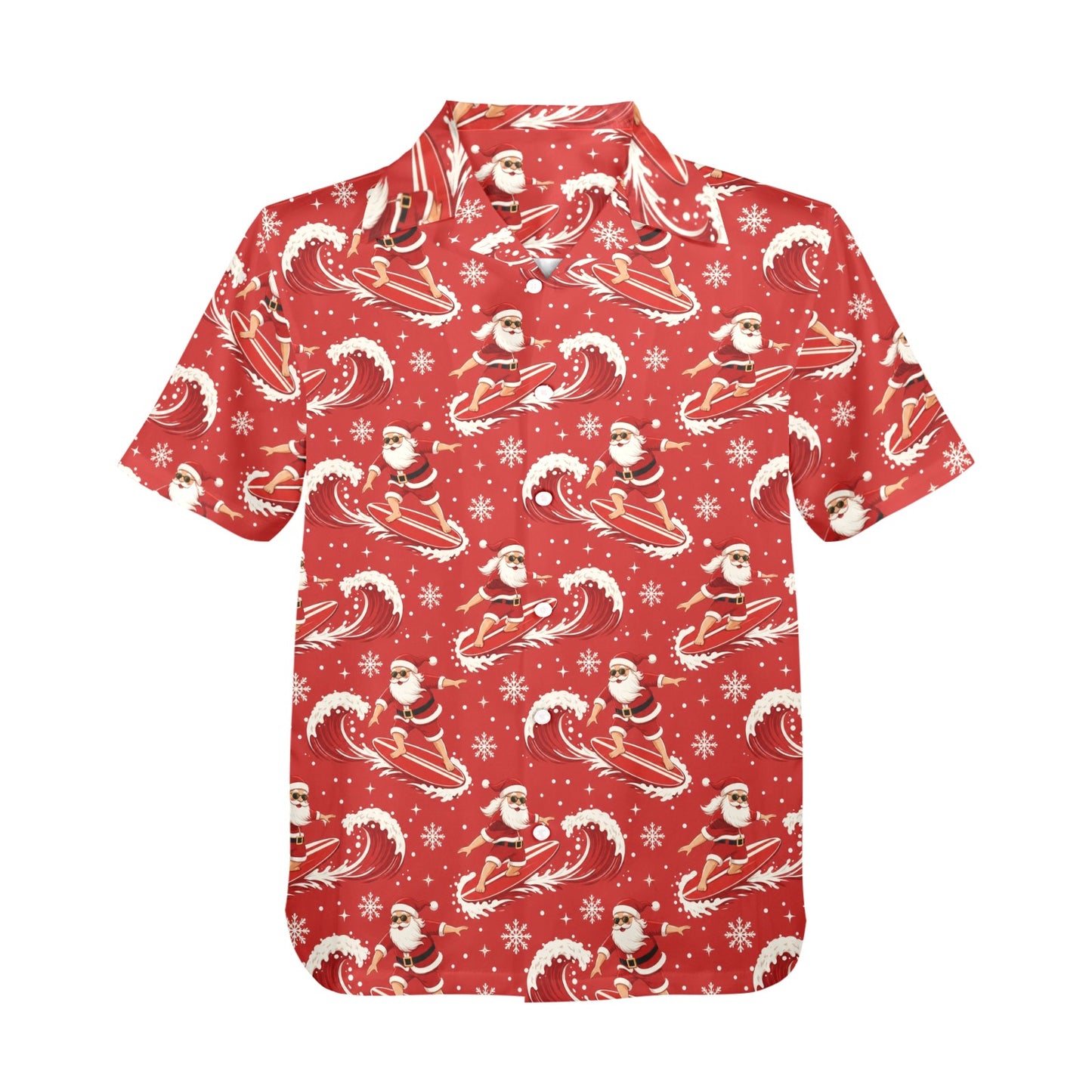 Christmas Hawaiian Men Shirt, Red Santa Claus Surfing Xmas Beach Print Vintage Aloha Hawaii Retro Tropical Plus Size Pocket Guys Button Down