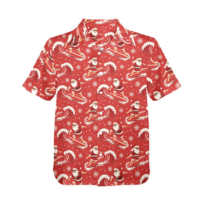 Christmas Hawaiian Men Shirt, Red Santa Claus Surfing Xmas Beach Print Vintage Aloha Hawaii Retro Tropical Plus Size Pocket Guys Button Down