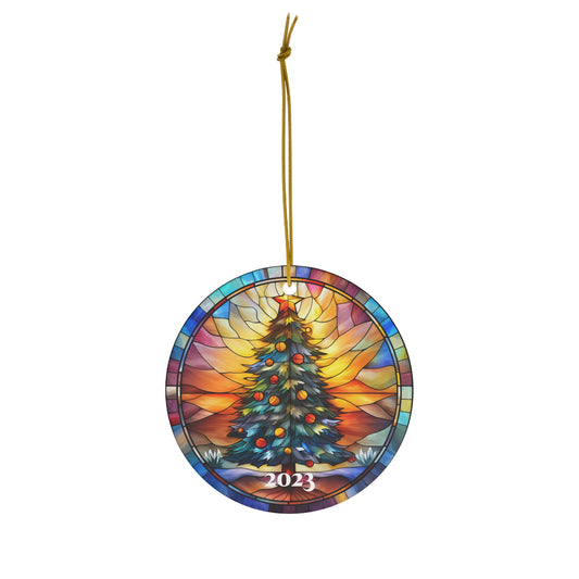 Christmas 2023 Ornament, Printed Stained Glass Tree Decoration Holiday Gift Idea Heirloom Keepsake Round Ceramic Xmas Tree