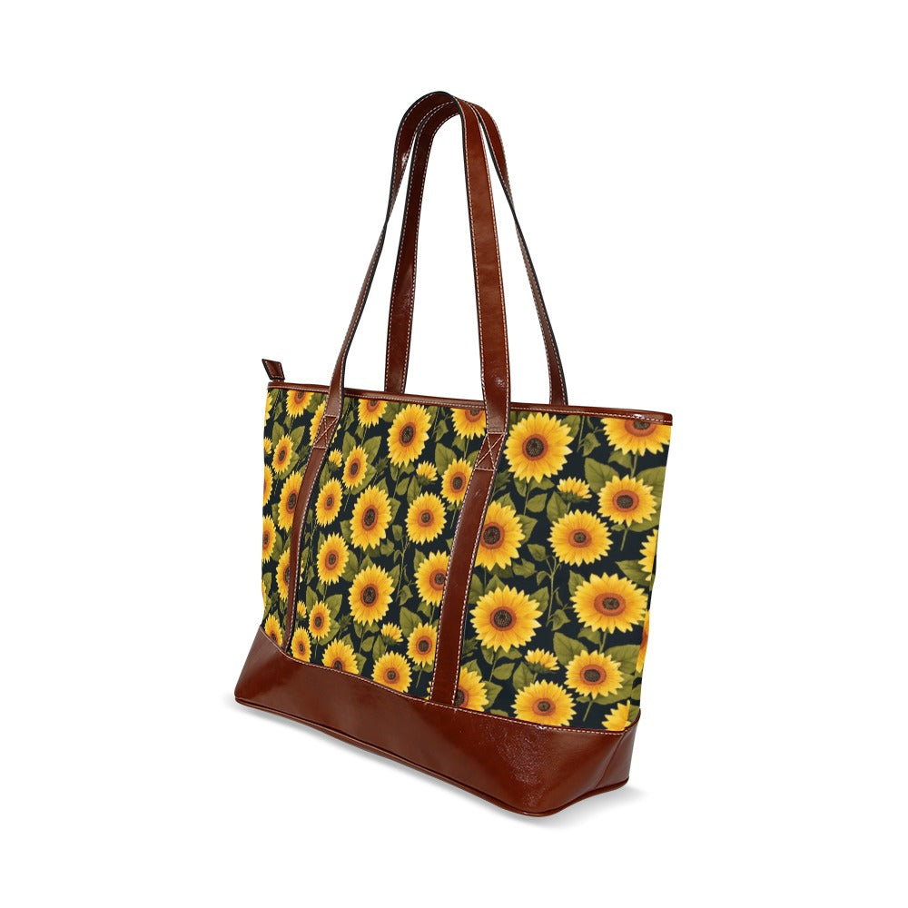 Sunflower Canvas Tote Bag Zipper, Floral Waterproof Pockets Beach Pool Designer Fabric Shoulder Handbag Women Work Purse Travel Carry On - Starcove Fashion