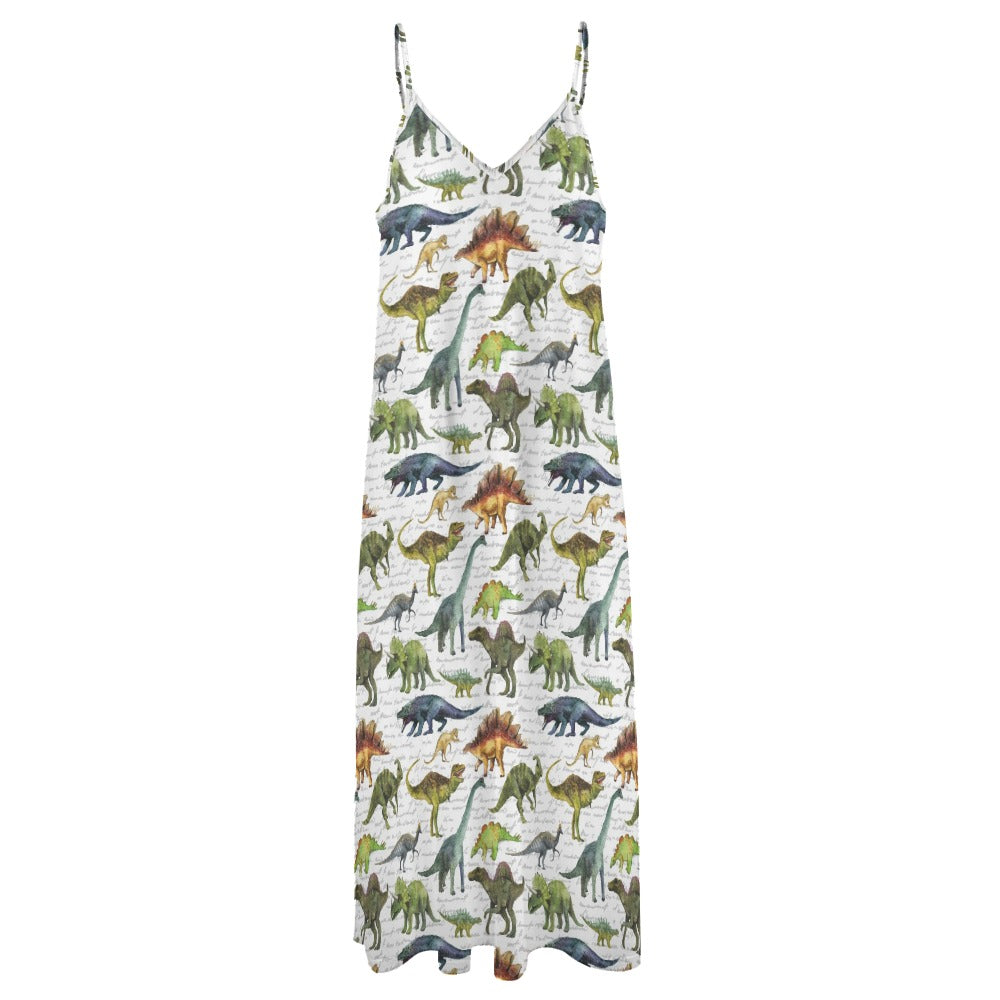 Dinosaur Maxi Dress, Dino Trex Long Spaghetti Straps Women Sleeveless Casual Cute Designer Elegant Plus Size Cocktail Party Summer