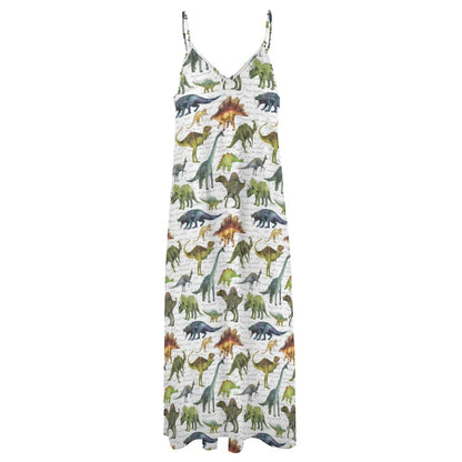 Dinosaur Maxi Dress, Dino Trex Long Spaghetti Straps Women Sleeveless Casual Cute Designer Elegant Plus Size Cocktail Party Summer