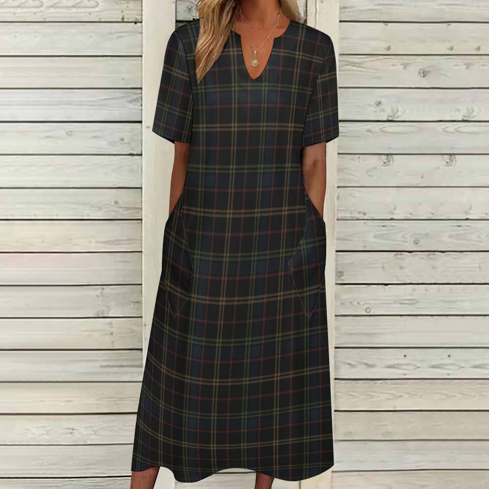 Plaid Women Maxi Dress, Dark Blue Green Yellow V-Neck Print Short Sleeve Evening Cocktail Ladies Handmade Designer Plus Size Outfit Pockets