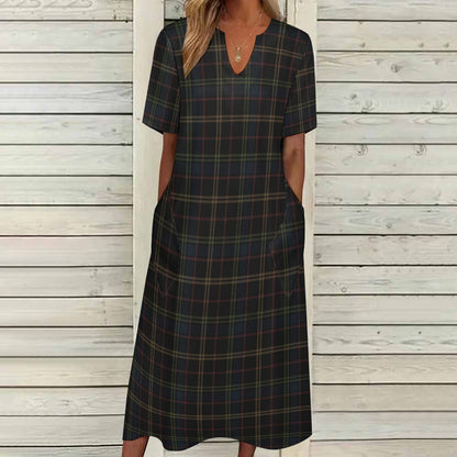 Plaid Women Maxi Dress, Dark Blue Green Yellow V-Neck Print Short Sleeve Evening Cocktail Ladies Handmade Designer Plus Size Outfit Pockets