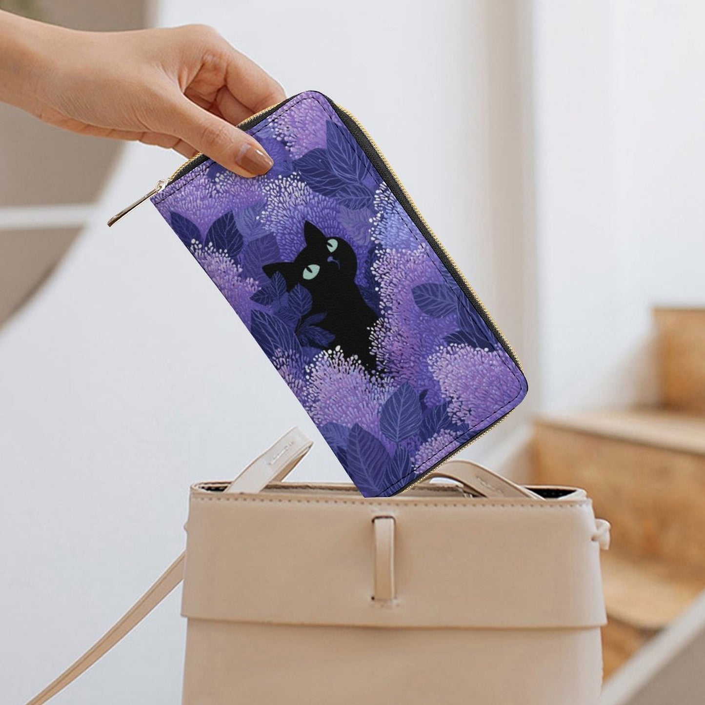 Black Cat Leather Wallet Women, Lilac Purple Floral Flowers Vegan Zipper Zip Around Coins Credit Cards Pocket Cash Ladies Slim Clutch Purse