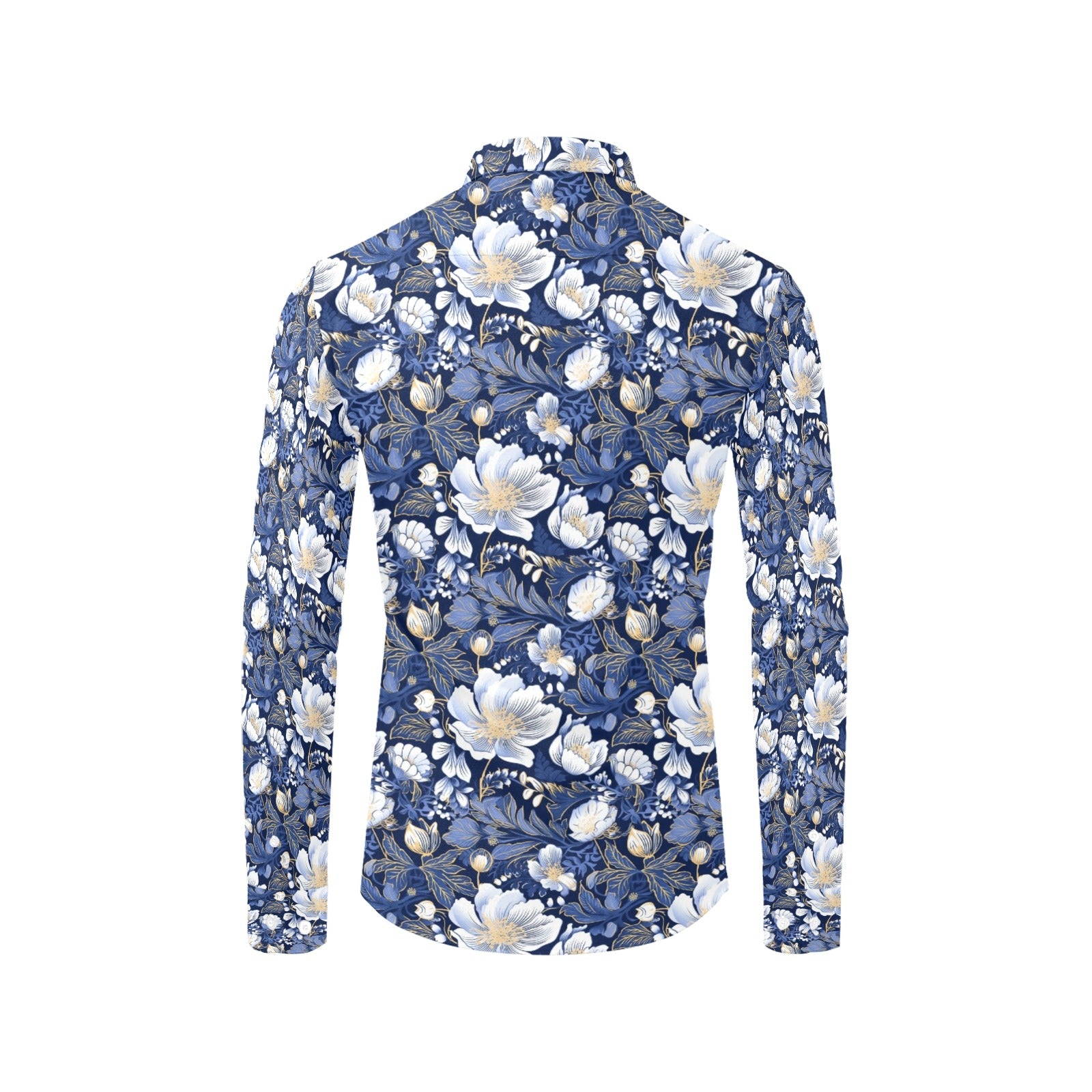 Blue White Gold Floral Long Sleeve Men Button Up Shirt, Flowers Print Buttoned Down Collar Casual Dress Shirt with Chest Pocket Starcove Fashion