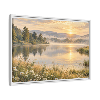 Misty Meadow Lake Wood Framed Canvas, Wildflower Farmhouse Wall Art Print Artwork Decor Small Large Hanging Matte Landscape Square Poster