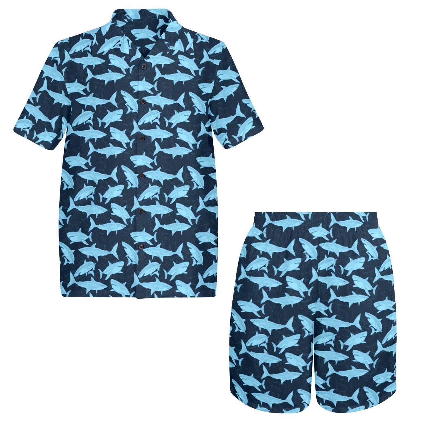 Great White Shark Shirt Shorts Outfit Set Men, Blue Marine Animal Matching Cabana Hawaiian Beach Male Summer Short Sleeve Button Up Down