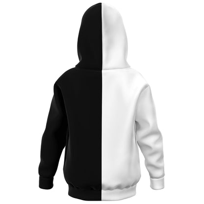 Half Black Half White Kids Pullover Hoodie, Two Tone Color Split Girls Boy Toddler Youth Children Fleece Cozy Cotton Hooded Sweatshirt Pockets