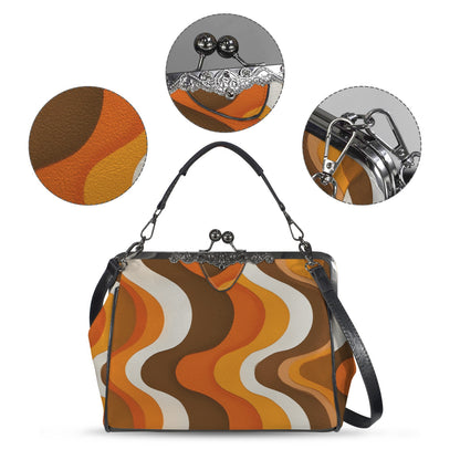 70s Retro Kiss Lock Purse Handbag, Orange Brown Wavy Striped Print Vegan Leather Vintage Designer Shoulder Crossbody Top Handle Clasp Bag