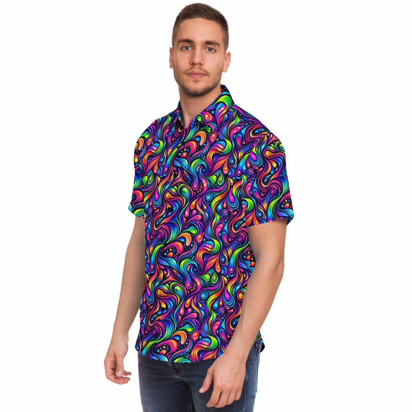 Psychedelic Men Button Up Shirt, Vibrant Trippy Funky Festival Short Sleeve Print Casual Buttoned Down Summer Male Guys Collared Designer - Starcove Fashion