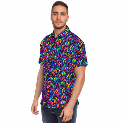 Psychedelic Men Button Up Shirt, Vibrant Trippy Funky Festival Short Sleeve Print Casual Buttoned Down Summer Male Guys Collared Designer - Starcove Fashion