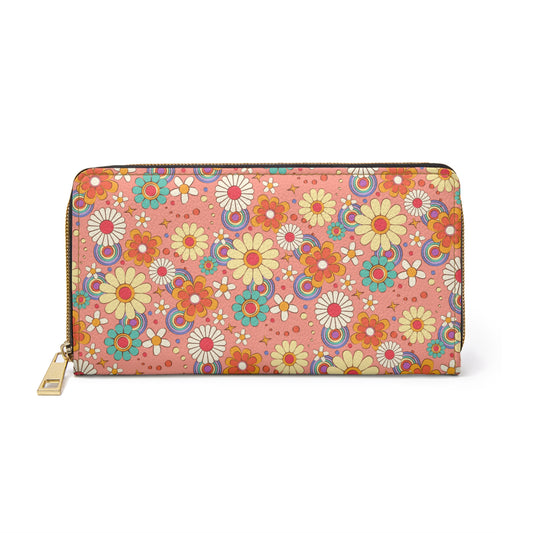 Pink Retro Floral Leather Wallet Women, Vintage Flowers Vegan Zipper Zip Coins Credit Cards Pocket Cash Ladies Pouch Slim Clutch Purse
