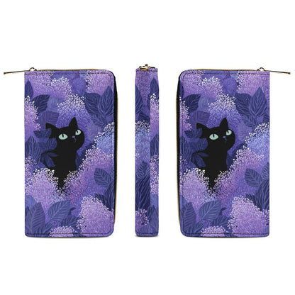 Black Cat Leather Wallet Women, Lilac Purple Floral Flowers Vegan Zipper Zip Around Coins Credit Cards Pocket Cash Ladies Slim Clutch Purse