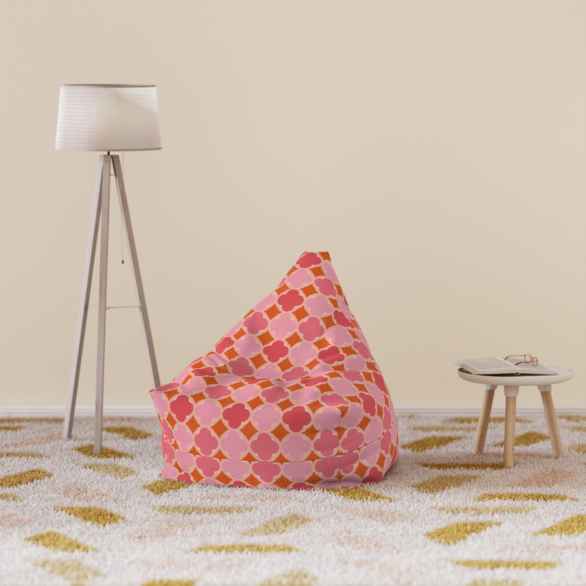Pink Geometric Bean Bag Chair Cover, Petal Pastel Washable Triangle Furniture Small Large Adult Children Kids Playroom Apartment Dorm Decor