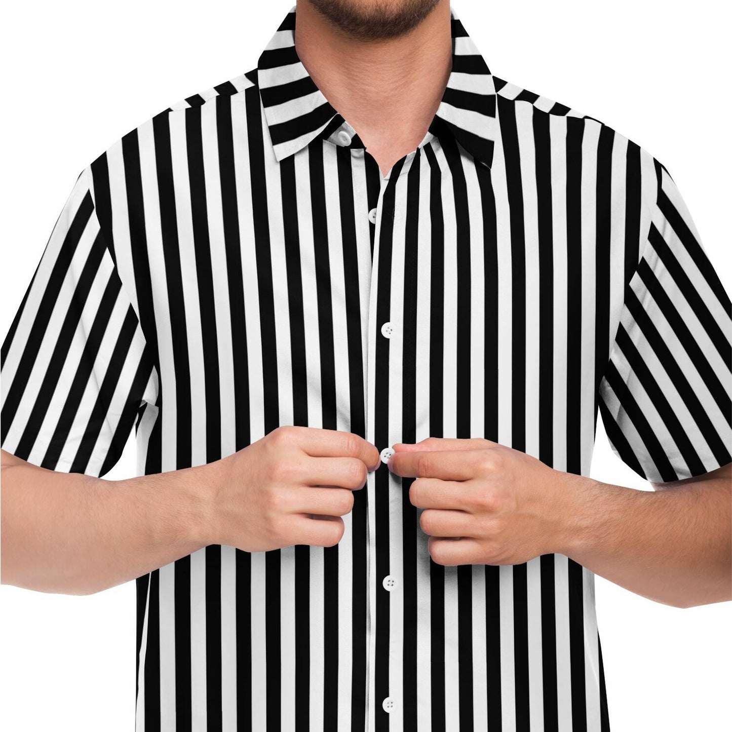 Black and White Vertical Striped Men Button Up Shirt, Short Sleeve Print Casual Buttoned Down Summer Male Guys Collared Designer Dress