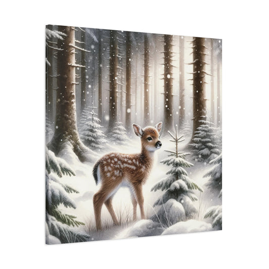 Baby Deer Snow Canvas Gallery Wrap, Winter Fawn Forest Printed Painting Wall Art Print Decor Small Large Hanging Vintage Square