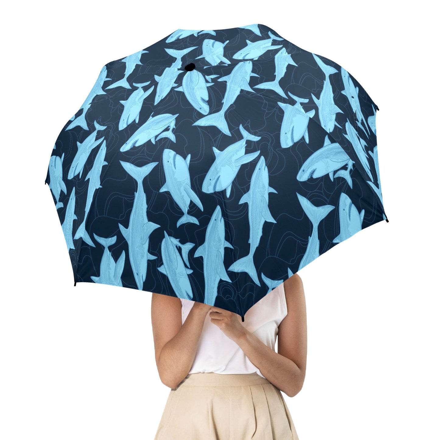 Shark Umbrella, Blue Ocean Sea Golf Anti-UV Semi-Automatic Sun Beach Rain Parasol Large Compact Travel Windproof Designer Luxury Men Women