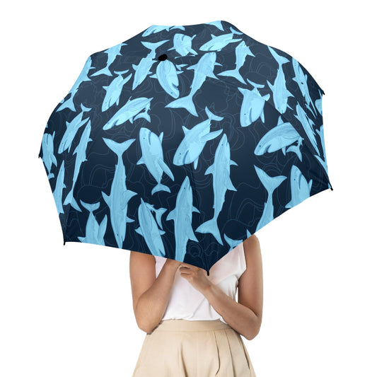 Shark Umbrella, Blue Ocean Sea Golf Anti-UV Semi-Automatic Sun Beach Rain Parasol Large Compact Travel Windproof Designer Luxury Men Women