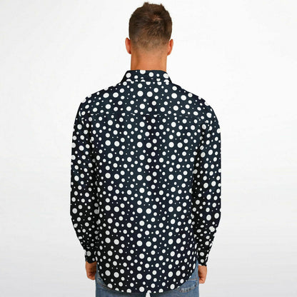 Navy Blue Polka Dots Long Sleeve Men Button Up Shirt, Dark Blue Guys Male Print Buttoned Down Collared Graphic Casual Dress Plus Size Shirt