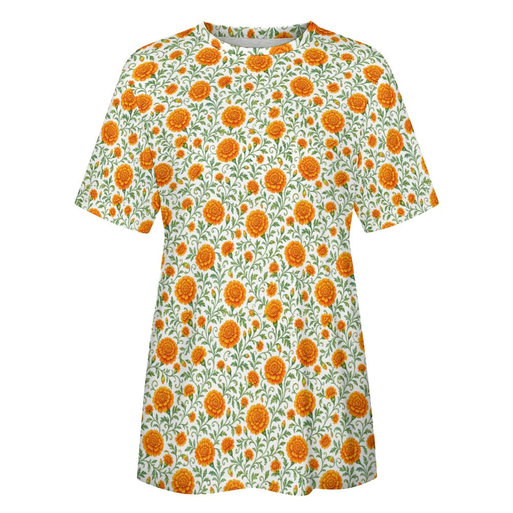 Marigold Flower Women Cotton Tshirt, Orange Floral Ladies Female Designer Adult Graphic Aesthetic Fashion Fitted Crewneck Tee Shirt Top - Starcove Fashion