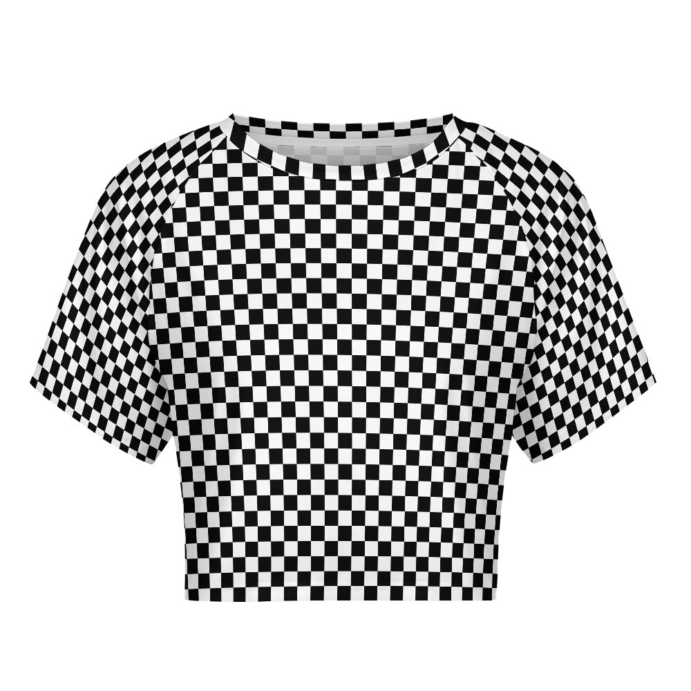 Checkered Crop Top Tshirt, Black White Check Belly Tee Women Adult Cute Aesthetic Graphic Crewneck Sexy Festival Y2K Ladies Cropped Shirt