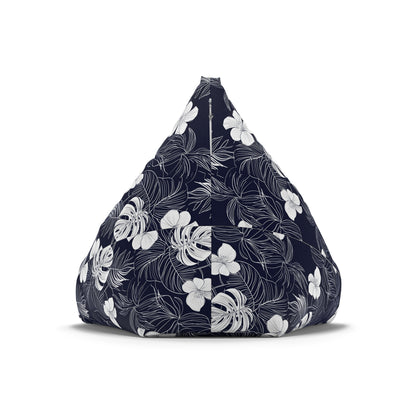 Navy Blue Tropical Bean Bag Chair Cover, Hibiscus Floral White Washable Triangle Small Large Adult Children Kids Sofa Dorm Unfilled Sack
