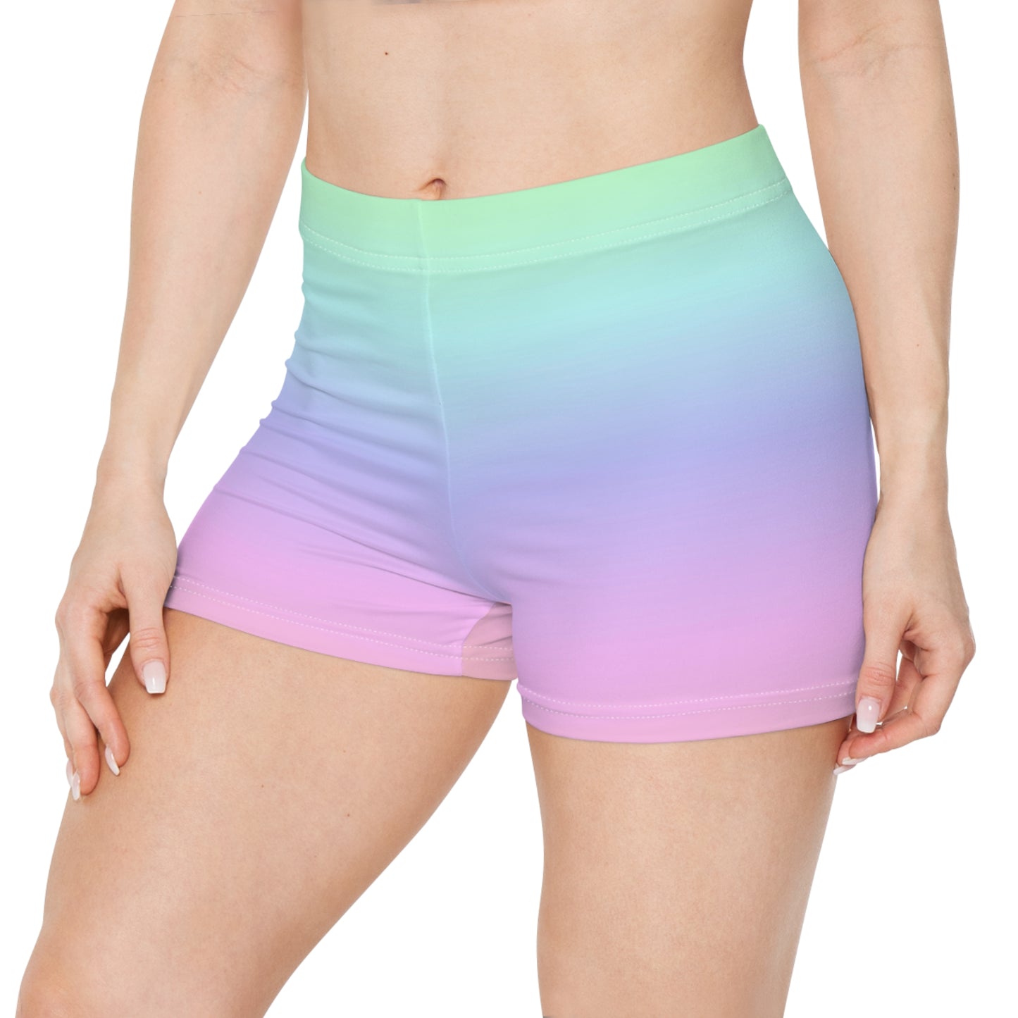 Pastel Rainbow Ombre Women Shorts, Tie Dye Pink Yoga Biker Sport Workout Gym Festival Running Moisture Wicking Ladies Spandex Bottoms